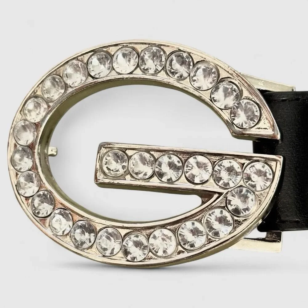 Guess Leather Belt G Logo Y2K Vintage M Rhinestone Crystal Buckle Grunge 955195